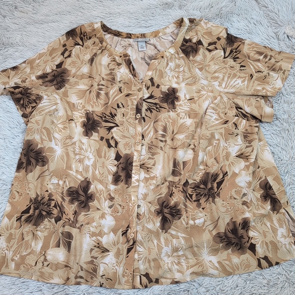 Maggie Barnes Shirt‎ Womens 3X Beige Button Up Preppy Comfort Casual Floral